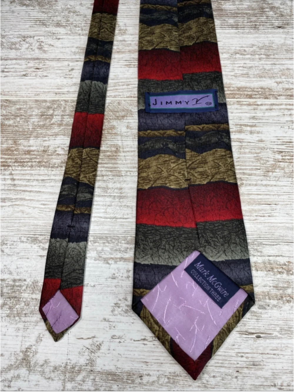 Vintage Jimmy Z 100% Silk Tie Abstract Striped Navy Burgundy Olive Gray 58”